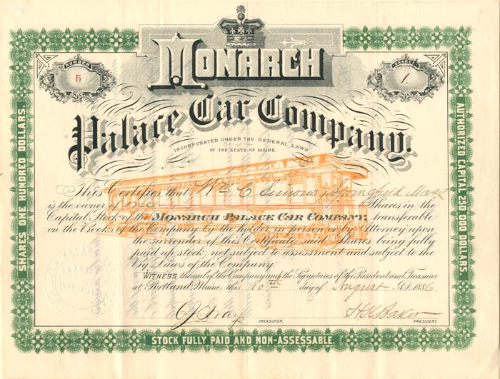 Monarch Palace Car Co. - Gorgeous Rail Car Stock Certificate